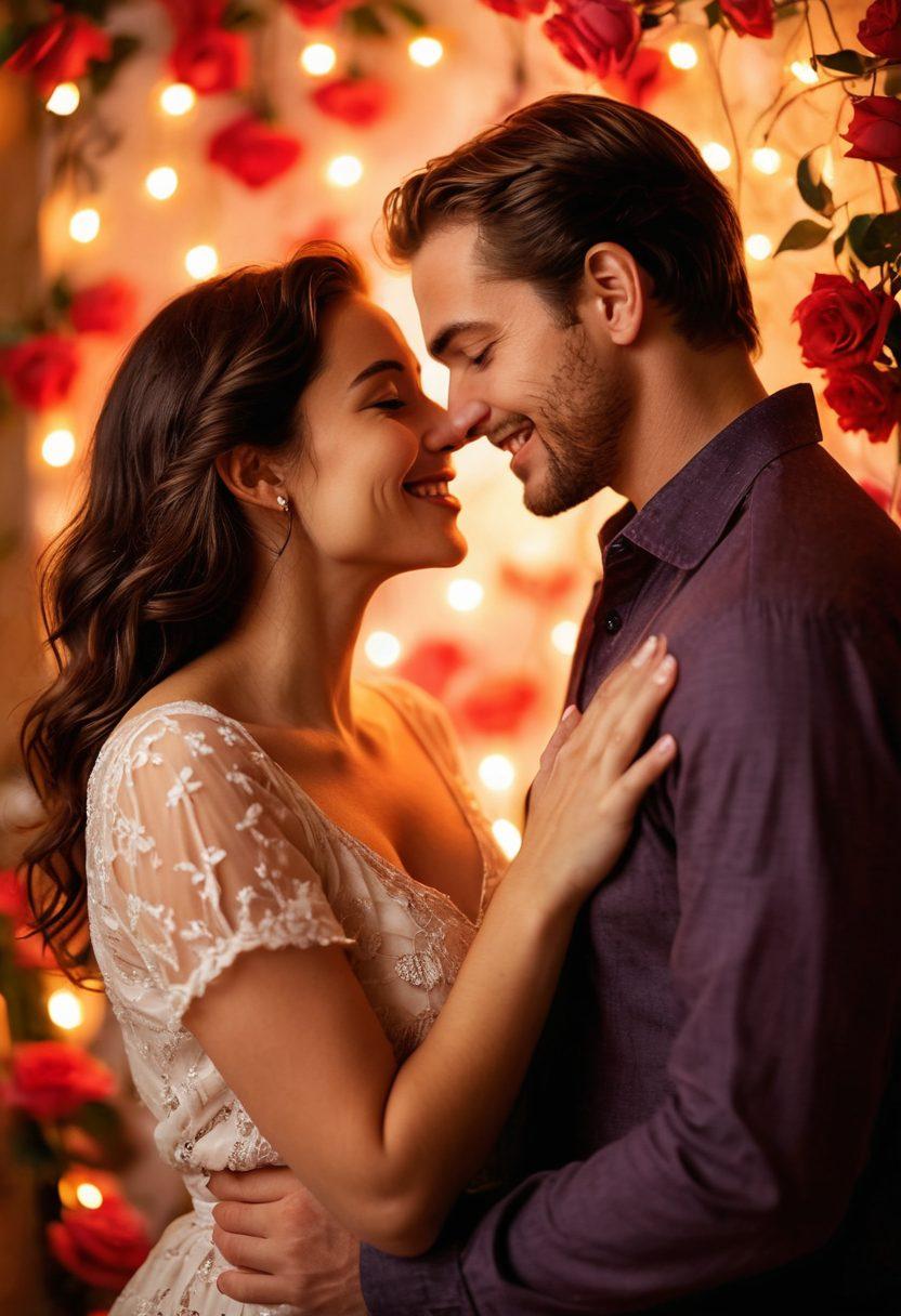 An enchanting scene featuring a couple engaged in playful flirtation, surrounded by soft, warm lighting that accentuates their expressions of joy and connection. The background displays blurred romantic elements like roses and softly glowing hearts to evoke intimacy. Include delicate patterns that symbolize love and passion in the foreground. The couple should be diverse, showcasing different cultures, to represent universal love. vibrant colors. soft focus. romantic mood.