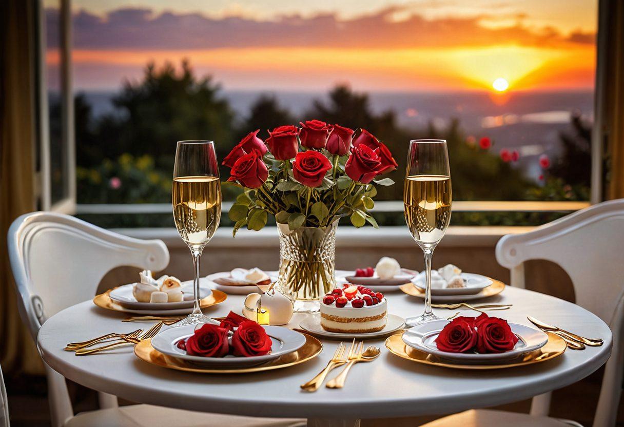 A warm, romantic scene that showcases a beautifully set candlelit dinner table for two, adorned with roses and delectable desserts. The background features a soft, blurred view of a sunset, casting a golden glow over the setting. The atmosphere is filled with passion and intimacy, inviting the viewer to explore the sweet side of love. super-realistic. warm tones. soft focus.