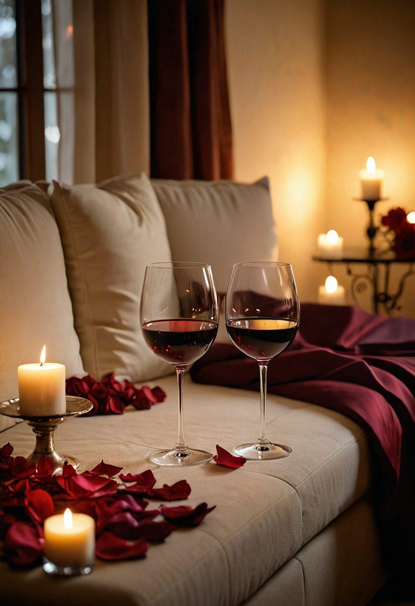 A captivating scene featuring a cozy, romantic setting with soft candlelight, an inviting plush couch, and elegant wine glasses. Silhouettes of a couple leaning toward each other, surrounded by sensual elements like rose petals and luxurious fabrics. The atmosphere exudes warmth and intimacy, inviting viewers to embrace the allure of adult romance. super-realistic. vibrant colors. intimate mood.